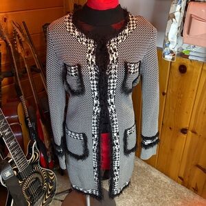 Women’s Penny Lane Houndstooth Black And White Coat Faux Fur Trim Hook Eye Sz L